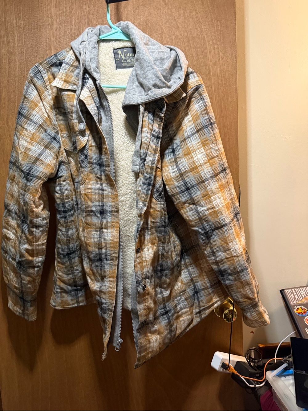 Natural Reflections XL Plaid Sherpa Lined Hooded Jacket Tan Gray Black